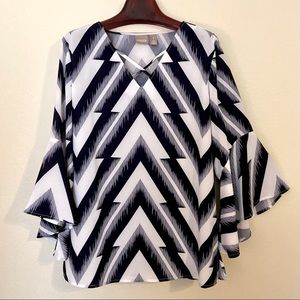 Chico’s Size 1 Bell Sleeve Top in Navy and White
